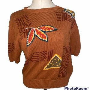 JH Collectibles Vintage Short Sleeved Burnt Orange Fall Leave Print Sweater sz M